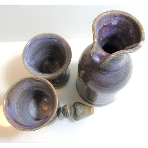 Studio Pottery WINE GOBLETS & DECANTER PITCHER + STOPPER Purple Gray - Picture 4 of 8